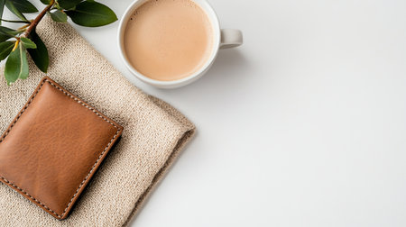 A brown leather wallet with visible stitching detail, resting on a beige, textured fabric surface. The wallet has a smooth, worn appearance.の素材