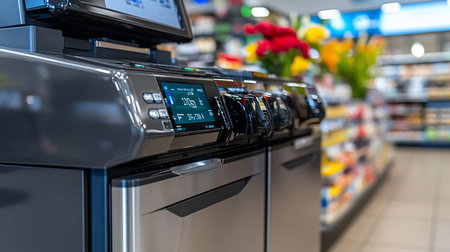 Detailed view of a high-tech self-checkout unit, displaying a digital interface with numbers, surrounded by dark panels and shiny metal.の素材
