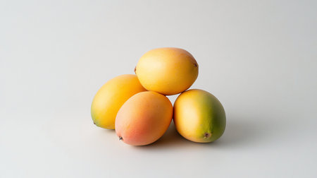 A vibrant stack of four fresh, ripe mangoes displaying smooth skin with a beautiful color gradient from yellow to orange and green.の素材