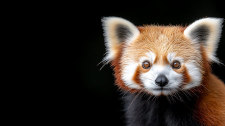 Close-up of a red panda's head, showing its fluffy orange-red and white fur, pointed ears, and dark, watchful eyes.の素材