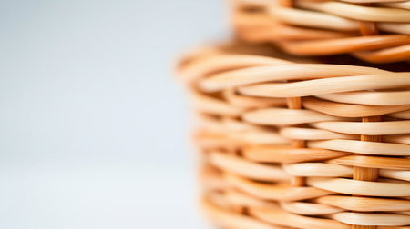 A detailed close-up of a wicker basket's surface, showcasing the tightly interlaced pattern of smooth, light brown natural fibers.の素材
