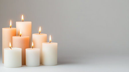 Collection of lit wax candles, varying heights, cream and peach colors, soft warm light, smooth texture, elegant arrangement.の素材
