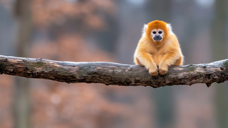 A golden snub-nosed monkey sits on a tree branch, facing the camera. It has a distinctive golden fur and a dark face. The monkey is in a resting pose.の素材