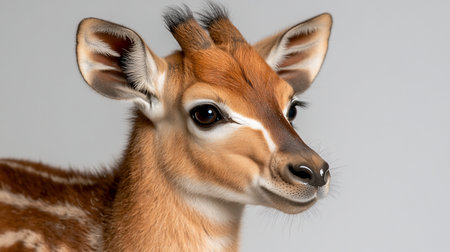 Close-up portrait of a Nyala calf, showcasing its soft brown fur, delicate facial features, and attentive expression.の素材