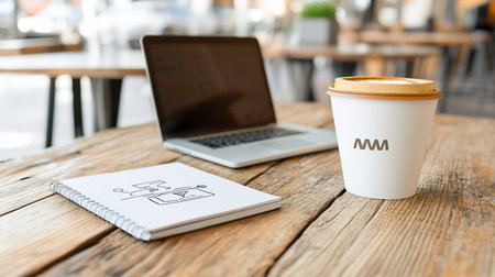 White paper coffee cup with a brown lid, featuring a brown logo, placed on a rustic wooden table.の素材