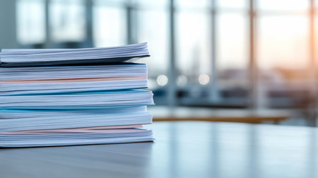 A close-up of a large, neatly arranged pile of paperwork with white, blue, and pink sheets stacked high on a flat, smooth surface.の素材