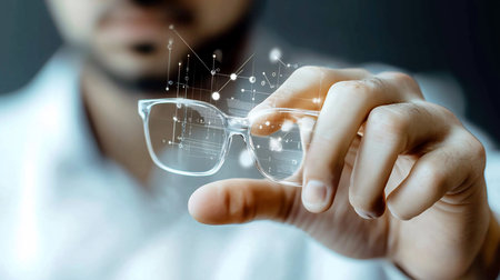 Clear framed glasses held in hand, displaying a digital network with connecting lines and nodes, suggesting technology and connectivity.の素材