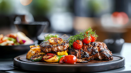 A beautifully presented plate of grilled steak, accompanied by roasted vegetables, including tomatoes, peppers, and zucchini, garnished with fresh herbs.の素材
