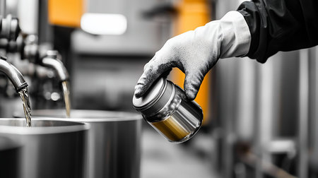 A hand in a textured protective glove holds a small, reflective steel jar containing a sample of golden-yellow industrial liquid, possibly oil, for quality inspection.の素材