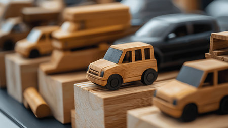 A charming, light brown wooden toy car with visible grain, featuring dark wheels and windows. Simple, handcrafted design with carved front details.の素材
