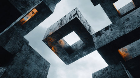 Intricate arrangement of dark, rough-textured geometric blocks, featuring vibrant orange glowing interior surfaces and hollow spaces.の素材