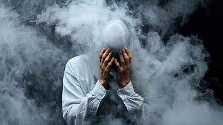 Person in a white shirt with hands covering face, enveloped in thick, swirling smoke. The smoke obscures the head and creates a sense of mystery.の素材