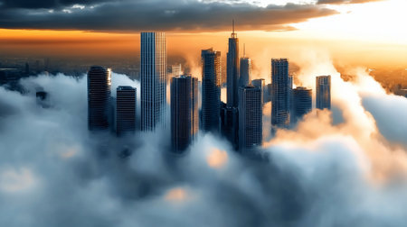 Tall, sleek glass and steel skyscrapers rise above a sea of soft, white clouds, reflecting warm golden light.の素材