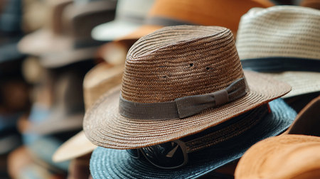 A detailed close-up of a brown woven straw fedora hat. The hat features a textured weave, an indented crown, and a dark brown grosgrain ribbon band.の素材