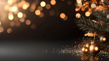 Christmas ornaments, pine branch, and golden leaves create a festive display with bokeh lights and sparkling accents.の素材