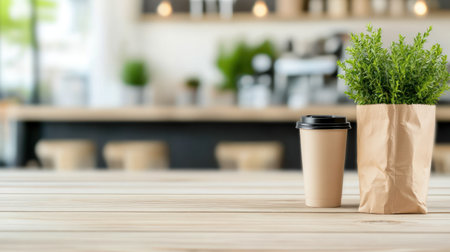 A takeaway paper coffee cup with a black plastic lid sits beside a small, lush green plant emerging from a crumpled brown paper bag on a wooden surface.の素材