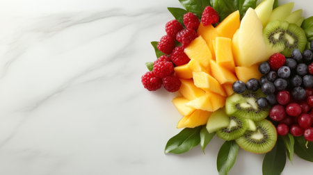 A colorful medley of fresh, juicy, cut fruits. Diced yellow mango, red raspberries, sliced green kiwi, dark blueberries, and red grapes are artfully arranged with leaves.の素材