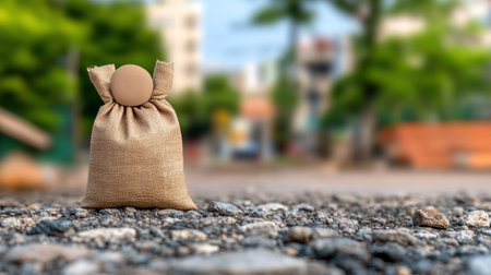 A small, standing figure crafted from coarse burlap, featuring a smooth, round, button-like head. The textured fabric is gathered at the neck, creating two small ears.の素材