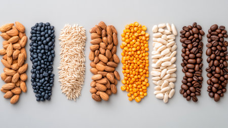 An assortment of almonds, black beans, rice, lentils, white beans, and coffee beans arranged in vertical rows on a gray surface.の素材