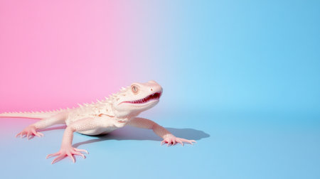 Pale pink albino lizard with spiky scales, pink eyes, and an open mouth, resting on a blue surface with a pink background.の素材