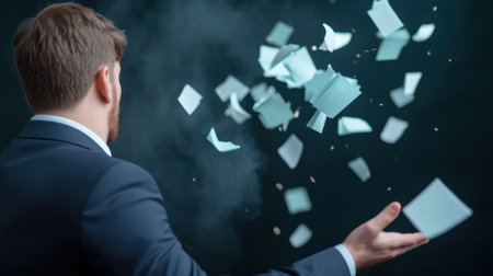 A man in a dark suit releases papers into the air, creating a dynamic visual. The papers are light blue, with a dark background.の素材