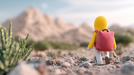 A yellow cartoon figure, wearing a yellow shirt and white pants, walks away from the viewer, carrying a red backpack.の素材