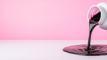 Viscous dark liquid flows from a white plastic bottle, creating a glossy, circular spill on a white surface.の素材