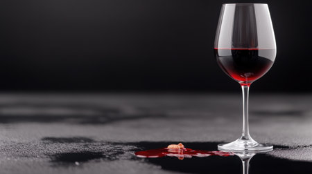 A clear stemmed glass holds dark red wine, with a vibrant spill on the surface and a small textured cork piece.の素材