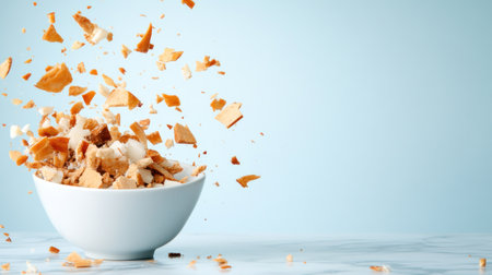 A white ceramic bowl filled with golden-brown and white crunchy crumbs, dynamically exploding and scattering upwards.の素材