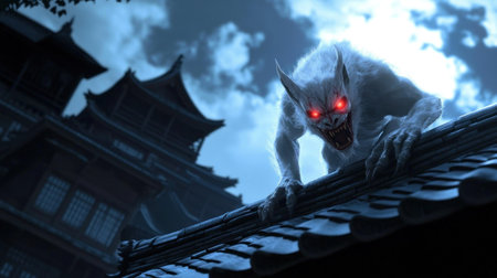 A white, furry werewolf with glowing red eyes and sharp teeth, perched on a rooftop, snarling menacingly.の素材