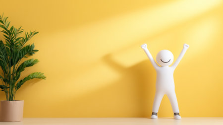 A white, stylized figure with a smiling face and arms raised in a gesture of joy. It is wearing black and white sneakers.の素材