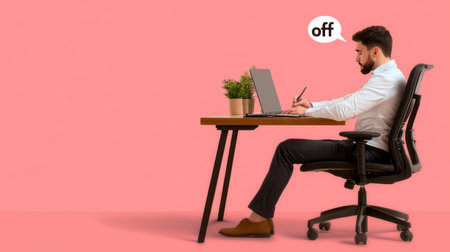 Focused bearded man in a white shirt sits at a wooden desk, working on a laptop, holding a pen, with an "off" thought bubble above his head.の素材