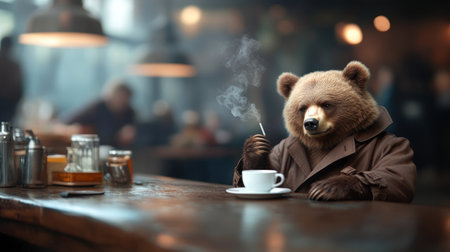 A brown bear wearing a brown trench coat, holding a cigarette, and sitting at a bar with a cup of coffee. The bear has a contemplative expression.の素材