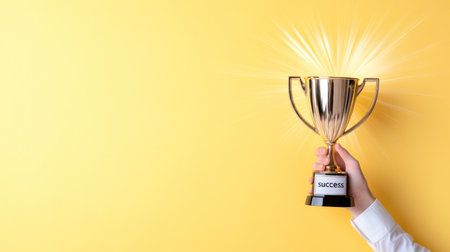 A hand in a white sleeve proudly holds a gleaming golden trophy, featuring a ribbed cup, two handles, and a black base with 'success' text, radiating bright light.の素材