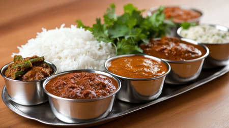 An array of Indian dishes featuring curries, fluffy white rice, and fresh cilantro, presented in shiny metal bowls on a silver tray.の素材