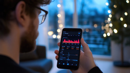 A man holds a smartphone displaying a stock market graph with red peaks and valleys, showing financial data and analysis.の素材