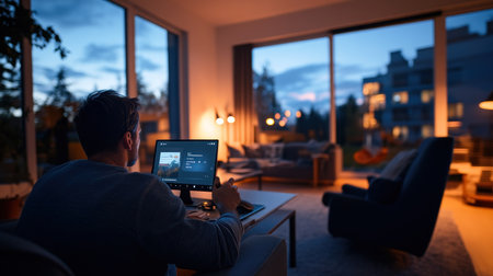 Man in gray shirt, seen from behind, using a tablet with a music app in a modern living room at dusk, illuminated by warm light.の素材