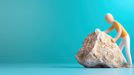 A smooth, faceless 3D person in a yellow top and white trousers strains to move a heavy, rugged stone.の素材