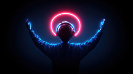 A person with headphones, arms raised, and hands glowing blue. A red neon halo surrounds the head. The person is wearing a blue sweatshirt.の素材