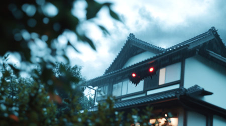 Two intensely glowing red eyes pierce from a dark, jagged, and spiky shadowy form, creating an eerie, lurking presence.の素材