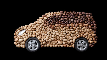 Side view of a minivan-shaped mosaic made of coffee beans, transitioning from light to dark roast, with silver wheels and a shiny headlight.の素材