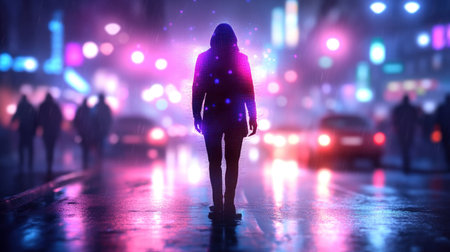 Hooded figure, glowing purple and blue digital data texture, surrounded by luminous particles, walking pose, seen from behind.の素材