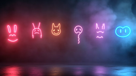 A collection of six neon-lit emoticons, each with a unique design and expression. The emoticons are rendered in vibrant colors, creating a striking visual effect.の素材