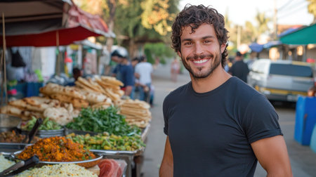 A man with dark, curly hair and a beard smiles broadly. He wears a dark t-shirt and stands outdoors.の素材