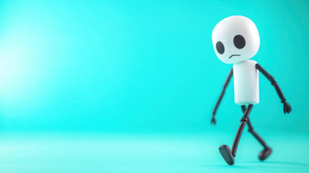 A white, cylindrical figurine with a sad face and black limbs is walking. The figure has a minimalist design and a matte texture.の素材