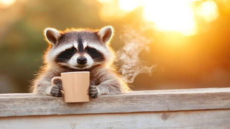 A fluffy raccoon with black mask holds a steaming beige mug, resting on a wooden surface, bathed in warm, golden sunlight.の素材