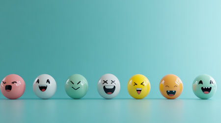 Seven colorful spheres, each displaying a unique cartoon face with varying expressions, arranged in a row on a blue surface.の素材