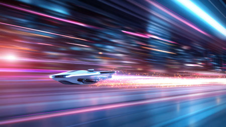 Sleek white futuristic vehicle with glowing blue front lights, emitting a vibrant, particle-filled, fiery orange-pink energy trail from its rear.の素材