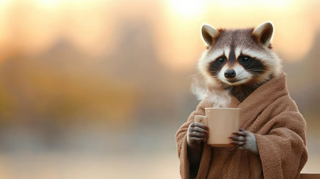 A raccoon, wearing a brown, fluffy robe, holds a beige coffee mug. Steam rises from the mug. The raccoon has a black mask and is looking forward.の素材