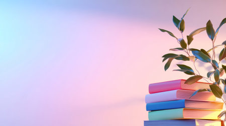 Stack of colorful books in pastel shades with a green leafy plant, soft light, and a clean, minimalist aesthetic.の素材